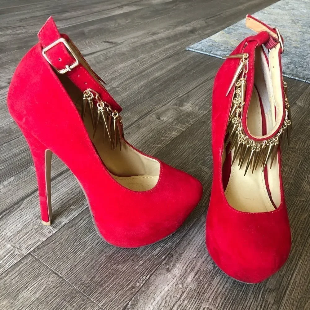 Styluxe Red Velvet Suede Platform Spike Ankle Strap Stiletto Heels